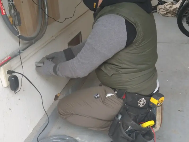 Electrician performing outlet wiring in a Big Bear City garage